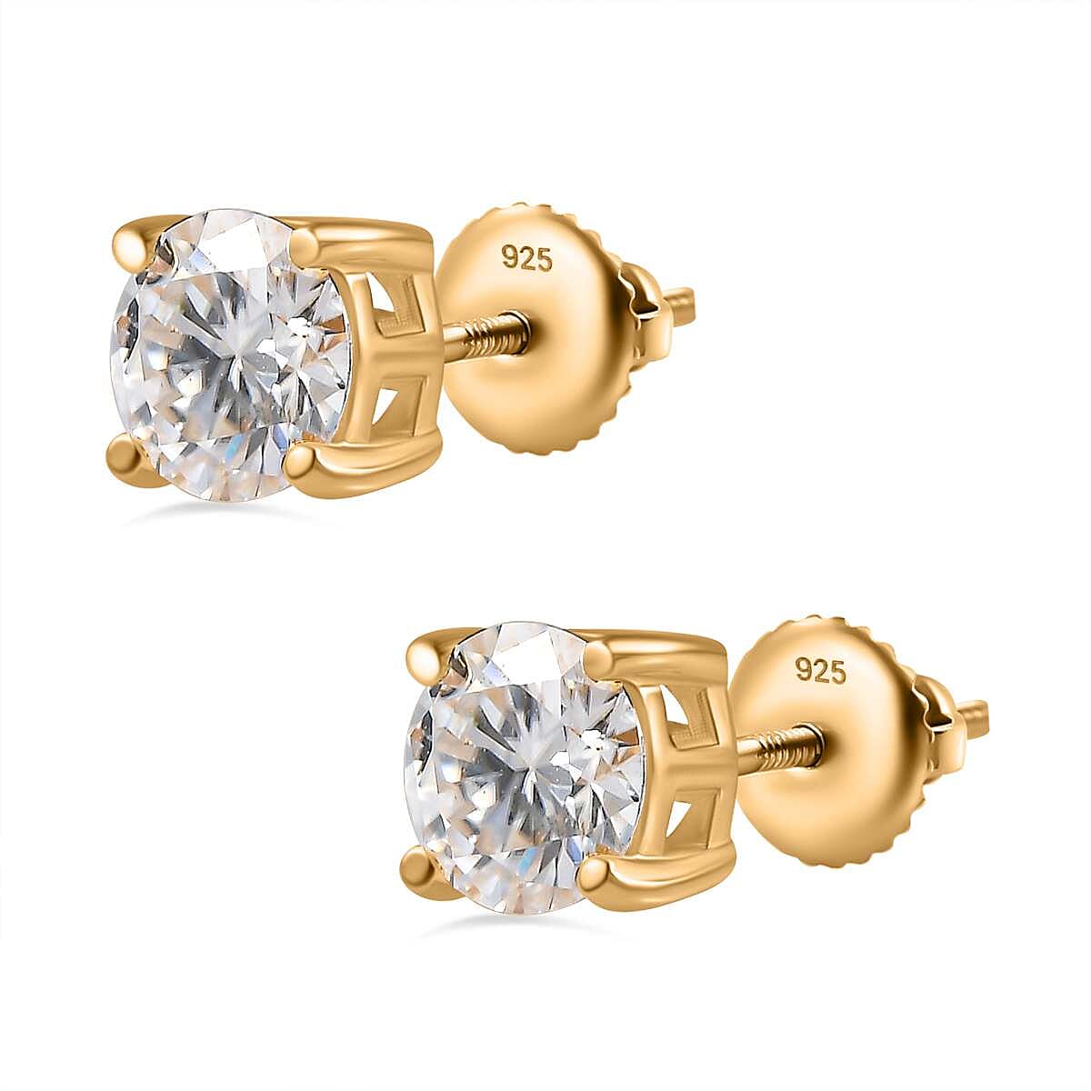 Moissanite Solitaire Stud Earrings in 18K Vermeil Yellow Gold Plated Sterling Silver 1.14 Ct.