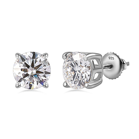 Moissanite  Solitaire Stud Push Post Earrings in Platinum Overlay Sterling Silver 2.40 ct  2.288  Ct.