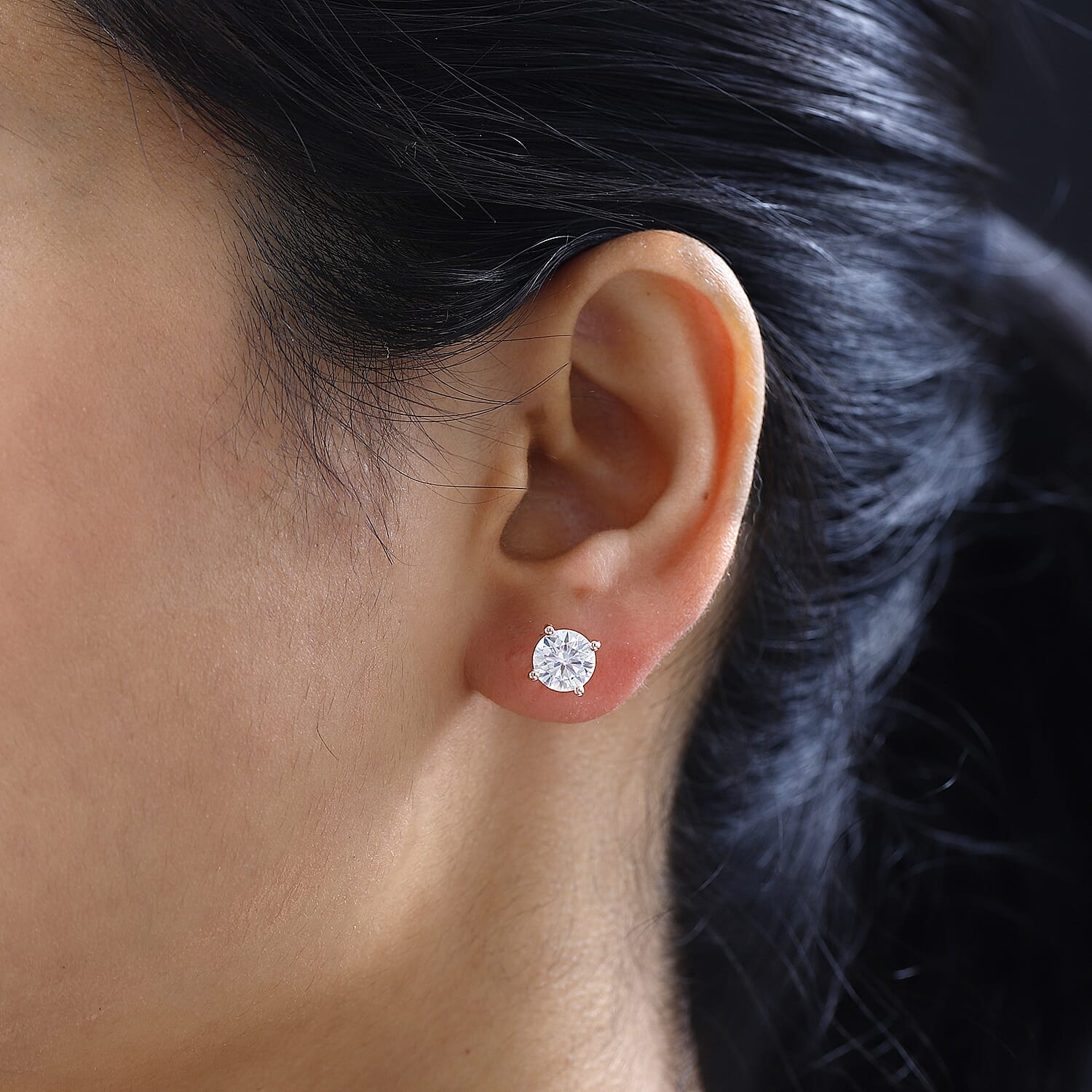 Moissanite Solitaire Stud Push Post Earring in Vermeil RG Sterling Silver 2.40 ct