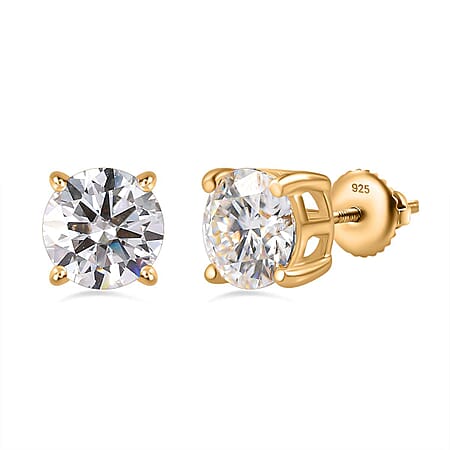 Moissanite  Solitaire Stud Push Post Earring in Vermeil YG Sterling Silver 2.40 ct  2.288  Ct.