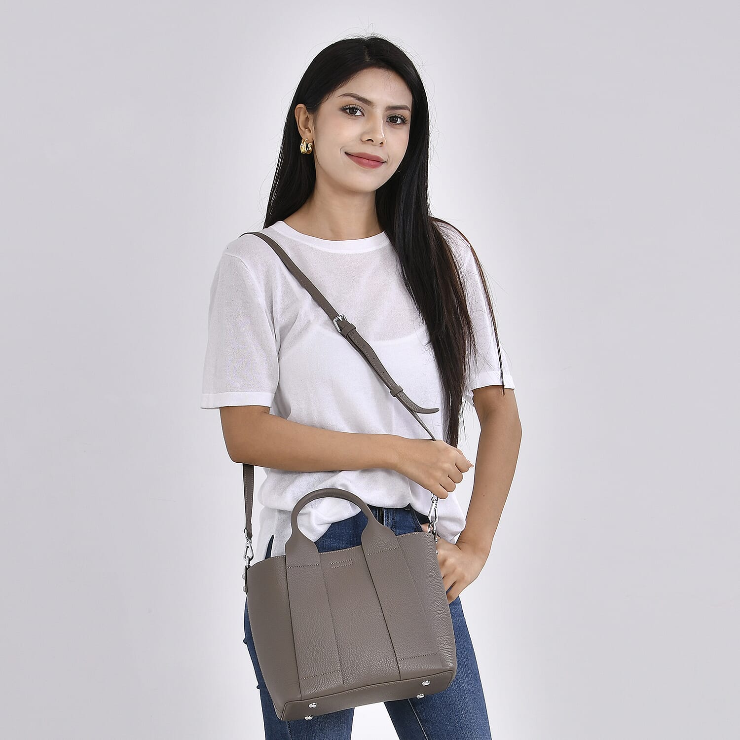 Genuine Leather Patterned Crossbody Bag (Size 34x12x22 cm) - Grey & Black