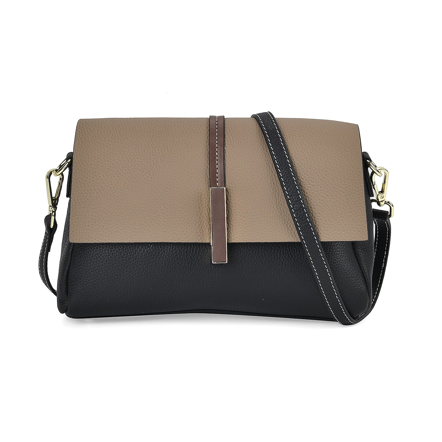 Genuine Leather Solid Crossbody Bag with Long Shoulder Strap - Black & Khaki