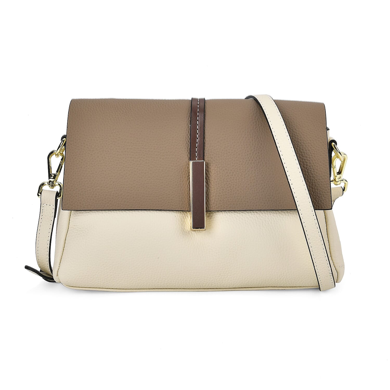 Genuine Leather Solid Crossbody Bag with Long Shoulder Strap - White & Khaki