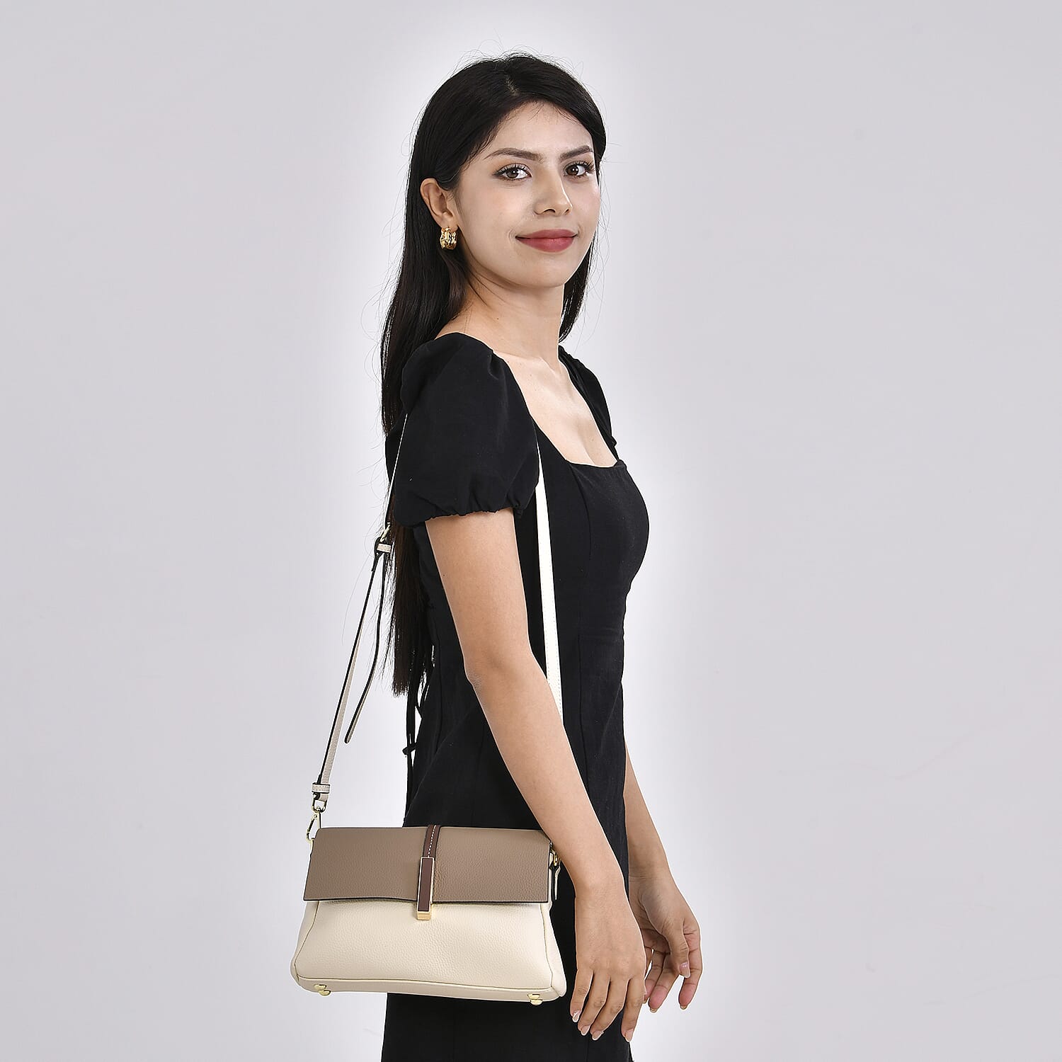 Genuine Leather Solid Crossbody Bag with Long Shoulder Strap - White & Khaki