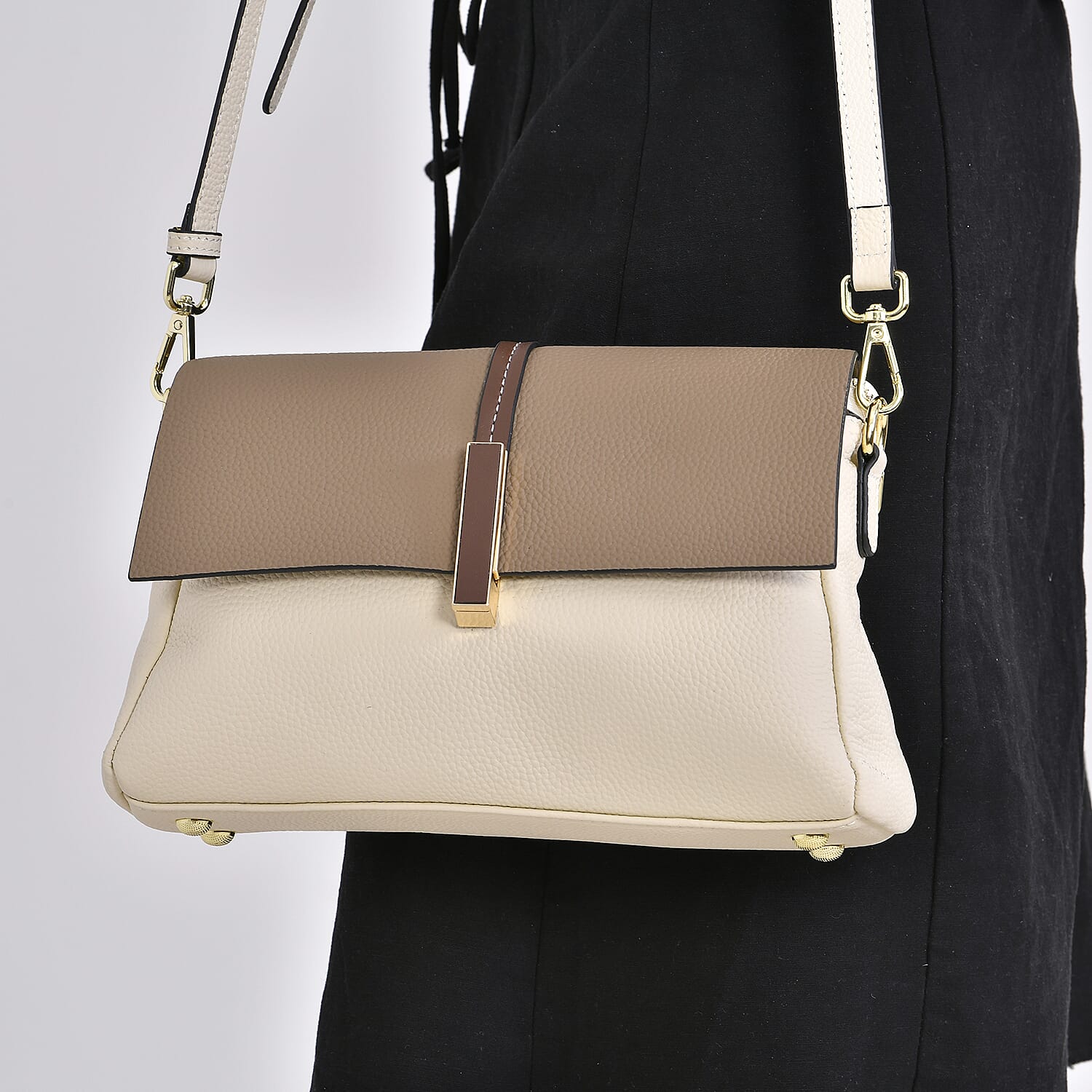 Genuine Leather Solid Crossbody Bag with Long Shoulder Strap - White & Khaki