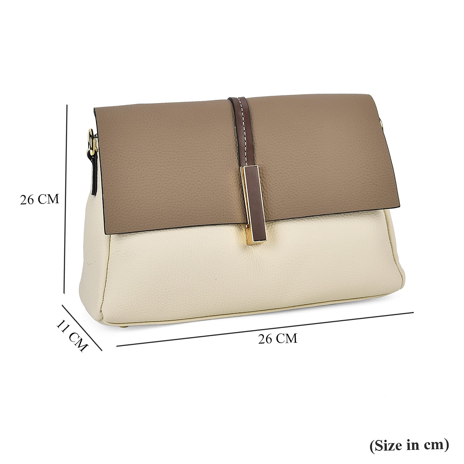 Genuine Leather Solid Crossbody Bag with Long Shoulder Strap - White & Khaki