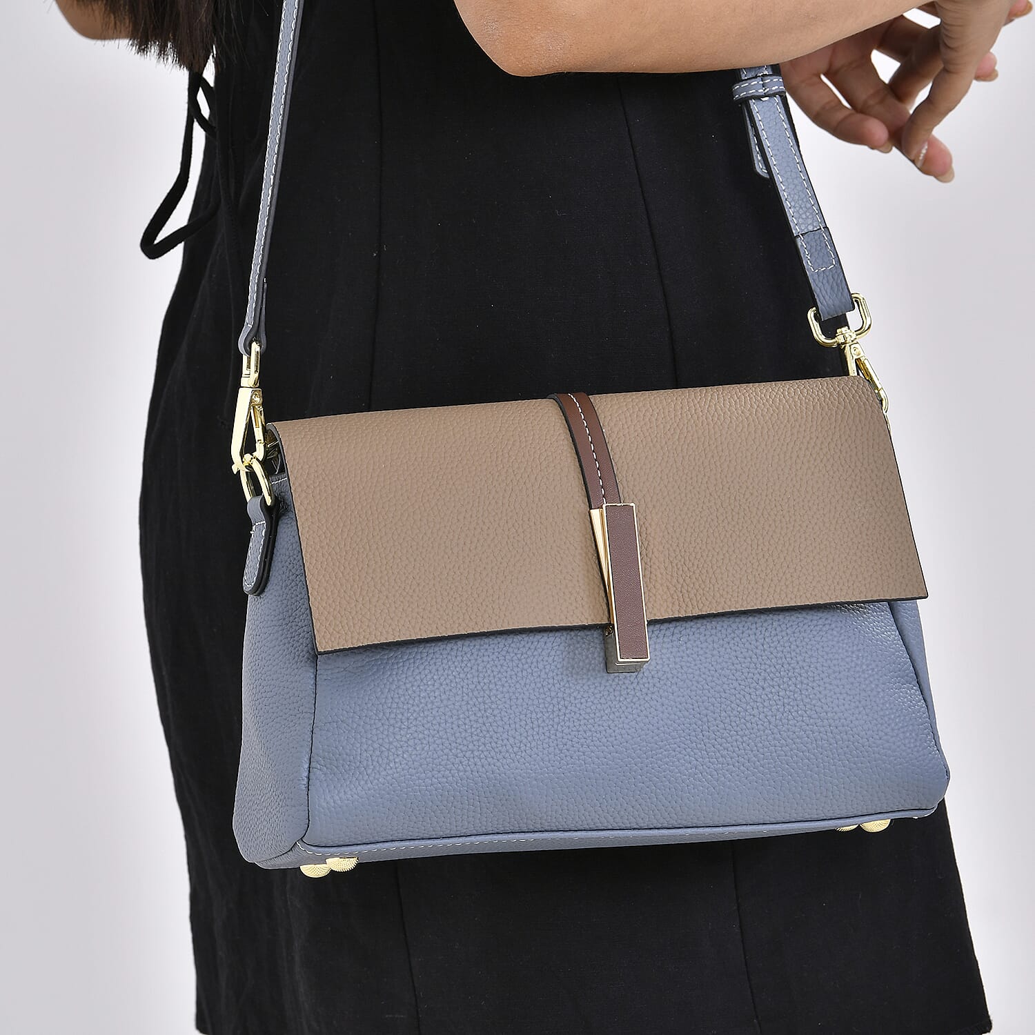 Genuine Leather Solid Crossbody Bag with Long Shoulder Strap - Blue - Khaki