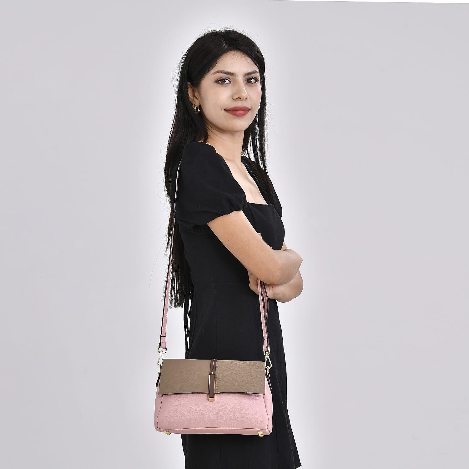 100% Genuine Leather Solid Crossbody Bag with Long Shoulder Strap - Pink & Khaki