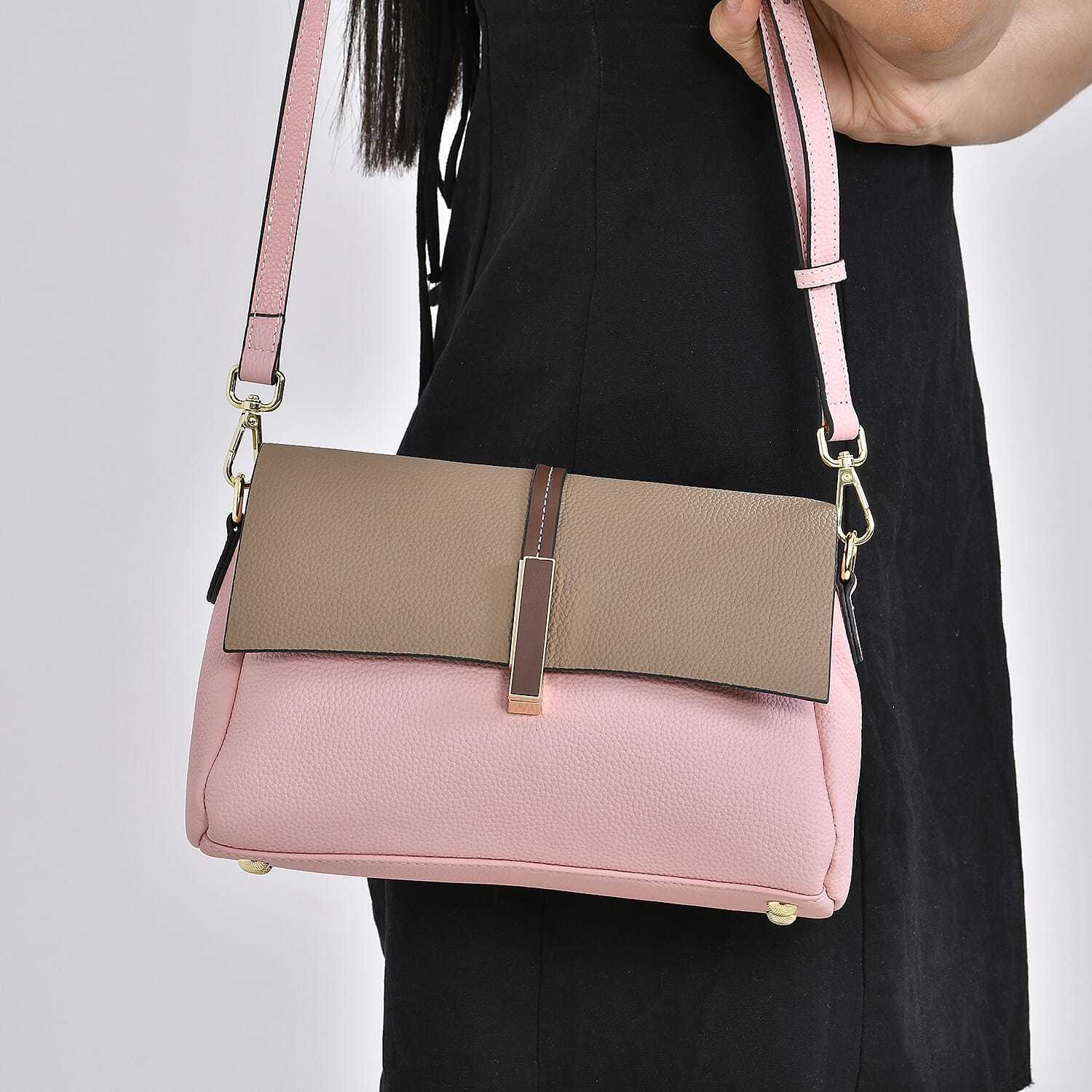 100% Genuine Leather Solid Crossbody Bag with Long Shoulder Strap - Pink & Khaki