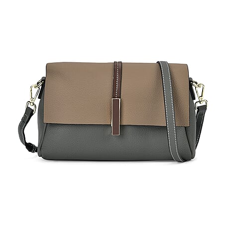 Genuine Leather Solid Crossbody Bag with Long Shoulder Strap - Olive - Khaki