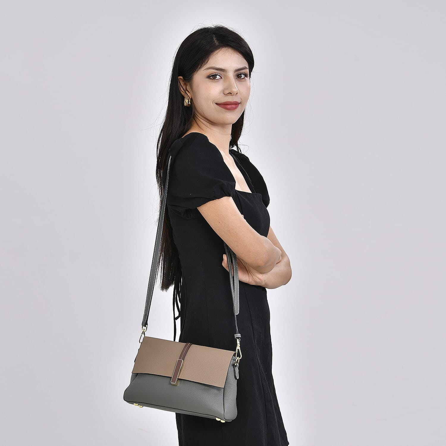 Genuine Leather Solid Crossbody Bag with Long Shoulder Strap - Olive - Khaki