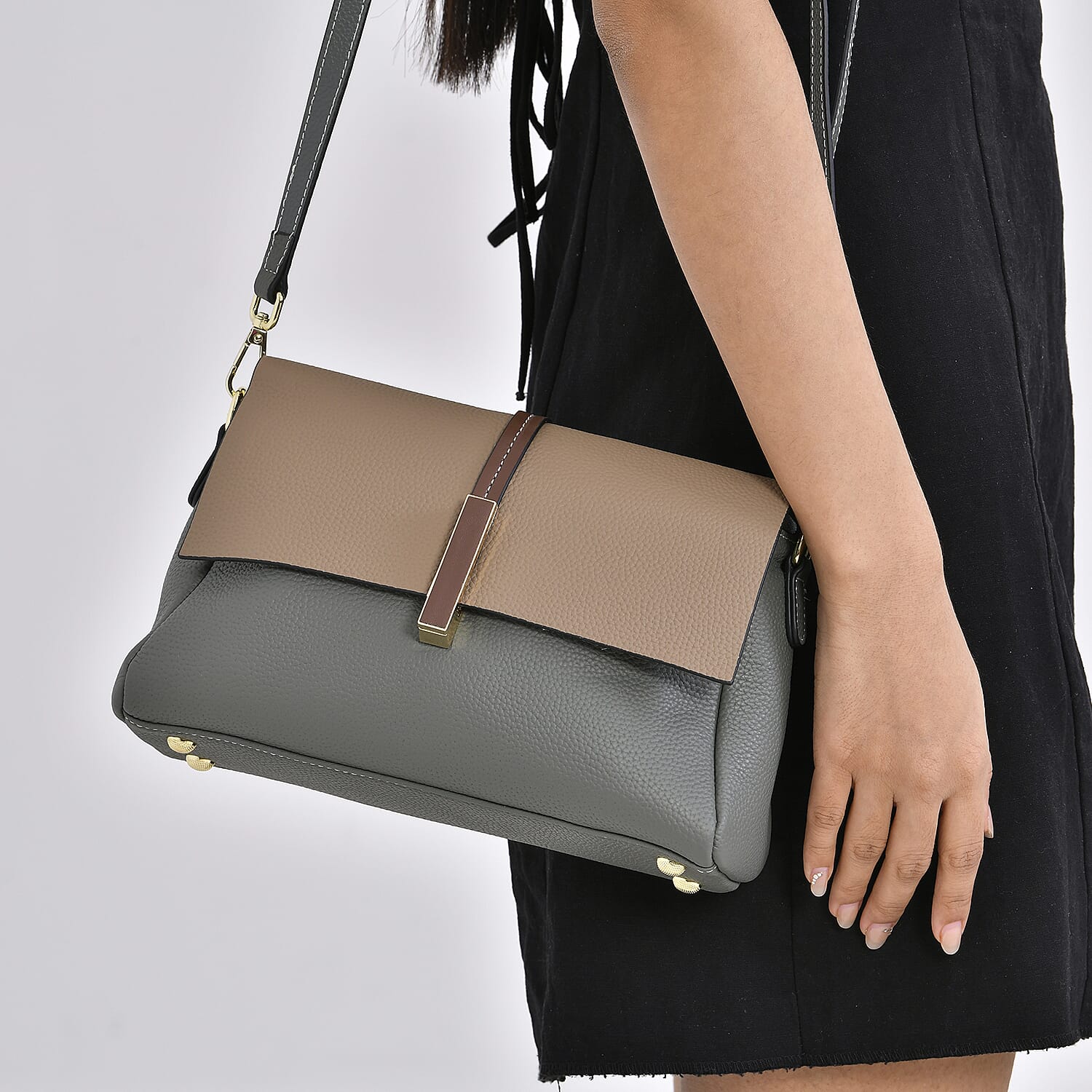 Genuine Leather Solid Crossbody Bag with Long Shoulder Strap - Olive - Khaki