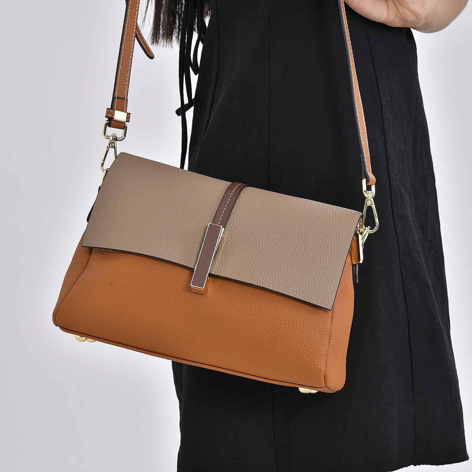 Genuine Leather Solid Crossbody Bag with Long Shoulder Strap - Tan - Khaki