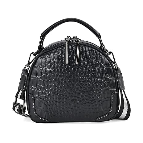 Genuine Leather Circle Croc Embossed Crossbody Bag - Black