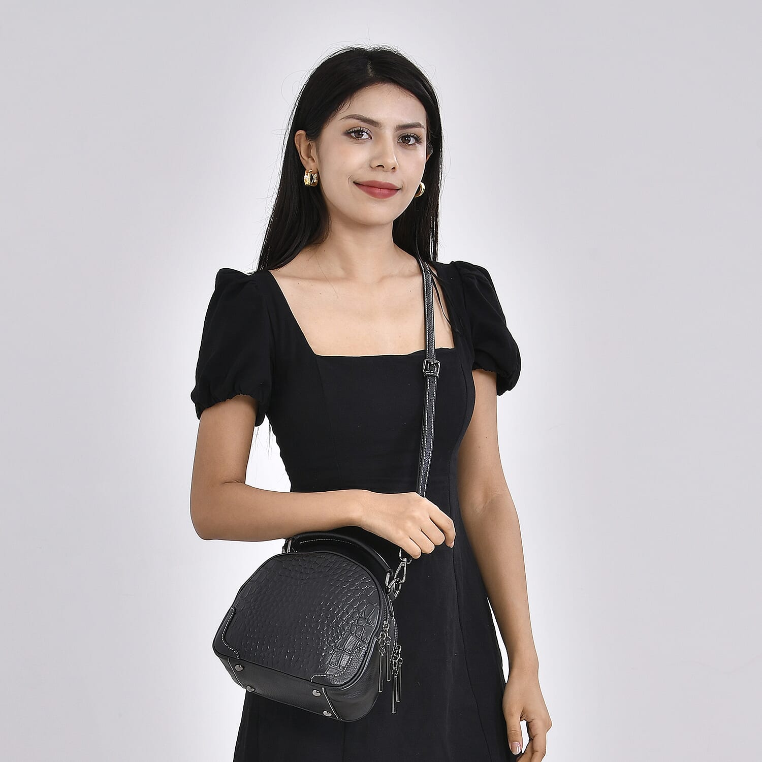 Genuine Leather Circle Croc Embossed Crossbody Bag - Black