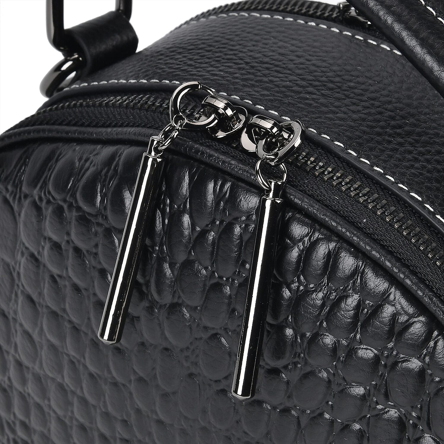 Genuine Leather Circle Croc Embossed Crossbody Bag - Black