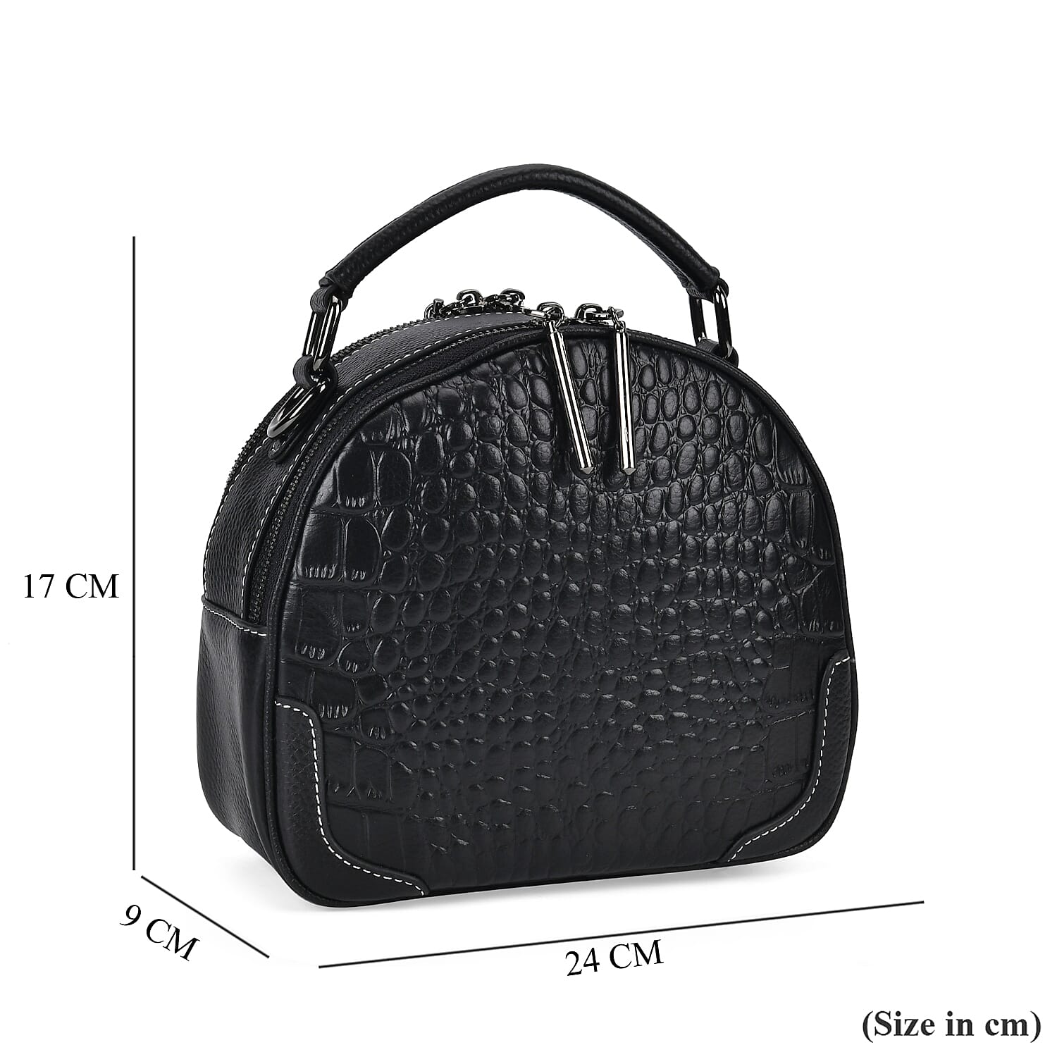 Genuine Leather Circle Croc Embossed Crossbody Bag - Black