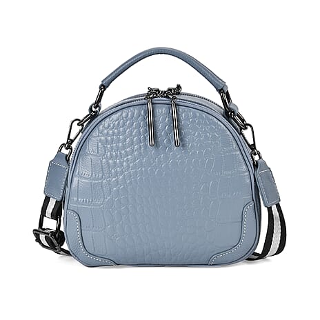 100% Genuine Leather Circle Croc Embossed Crossbody Bag - Blue