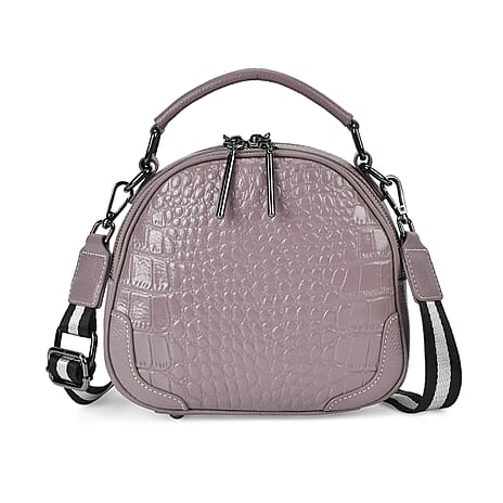 100% Genuine Leather Circle Croc Embossed Crossbody Bag - Dark Mauve