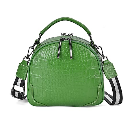 100% Genuine Leather Circle Croc Embossed Crossbody Bag - Green