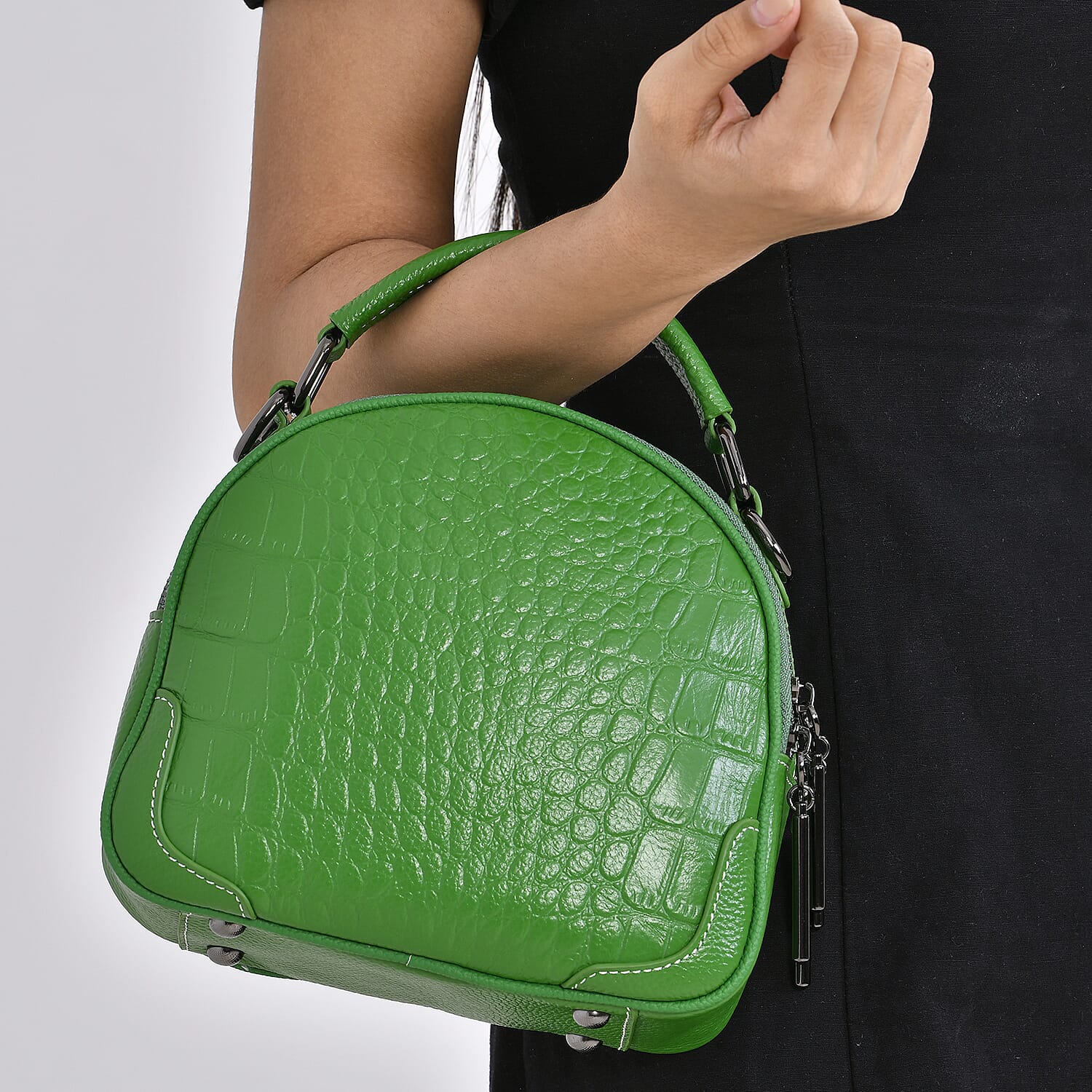 Genuine Leather Circle Croc Embossed Crossbody Bag - Olive