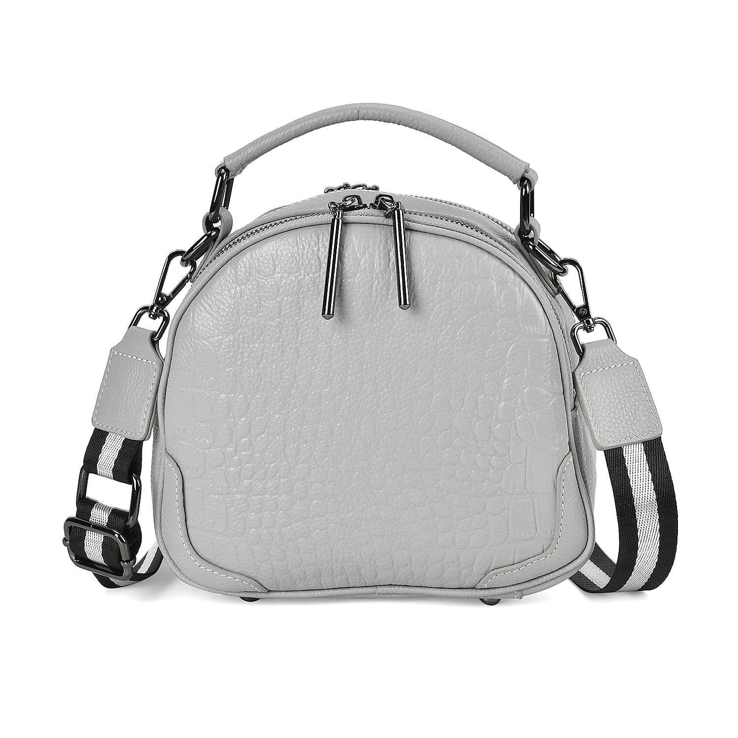 Genuine Leather Circle Croc Embossed Crossbody Bag - Grey