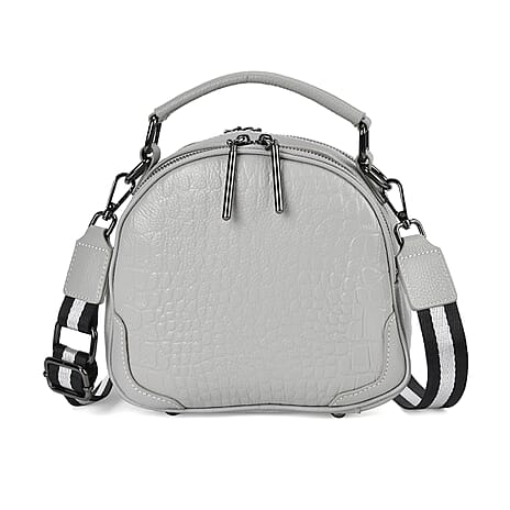 100% Genuine Leather Circle Croc Embossed Crossbody Bag - Creamy Off-White