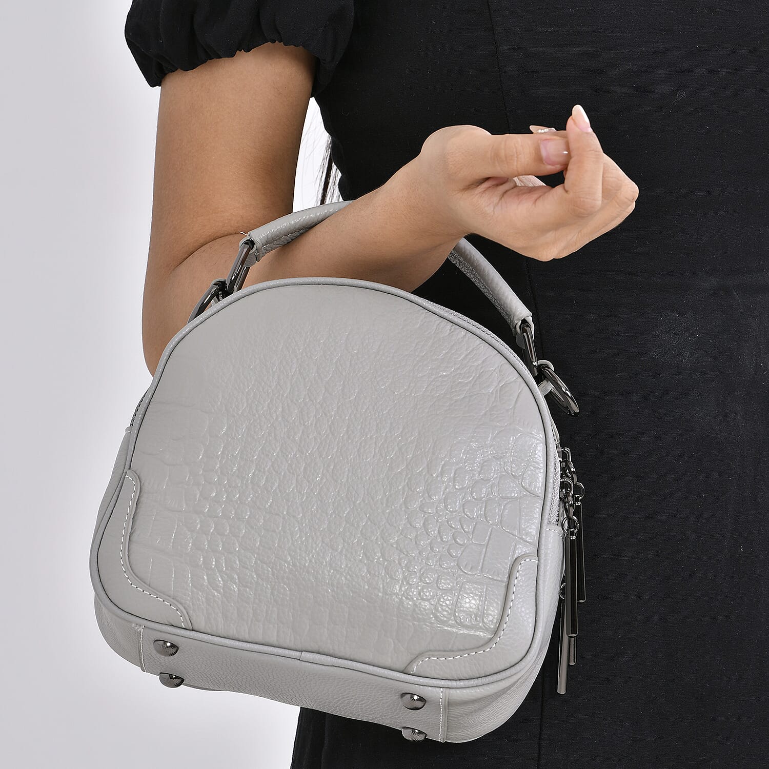 Genuine Leather Circle Croc Embossed Crossbody Bag - Grey