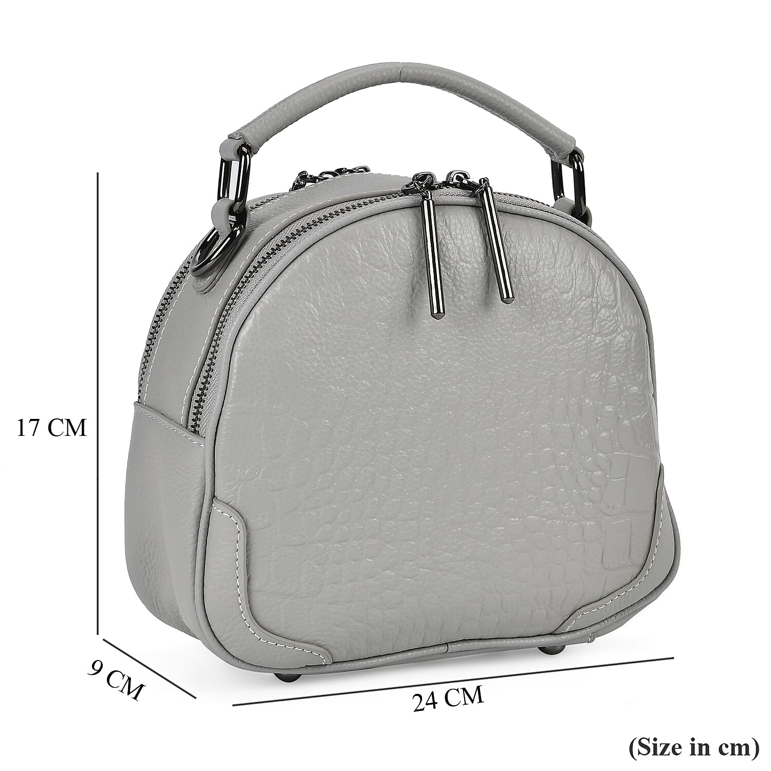 Genuine Leather Circle Croc Embossed Crossbody Bag - Grey