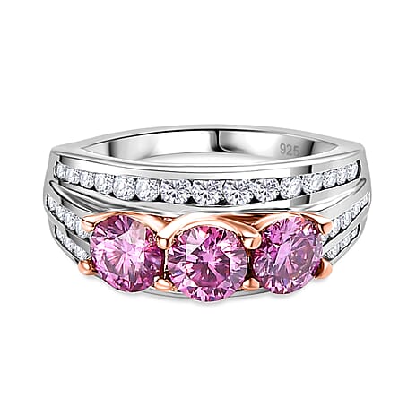Pink & White Moissanite Ring in 18K Rose Gold Vermeil & Platinum Plated Sterling Silver 2.22 Ct.