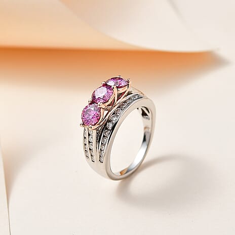 Pink & White Moissanite Ring in 18K Rose Gold Vermeil & Platinum Plated Sterling Silver 2.22 Ct.