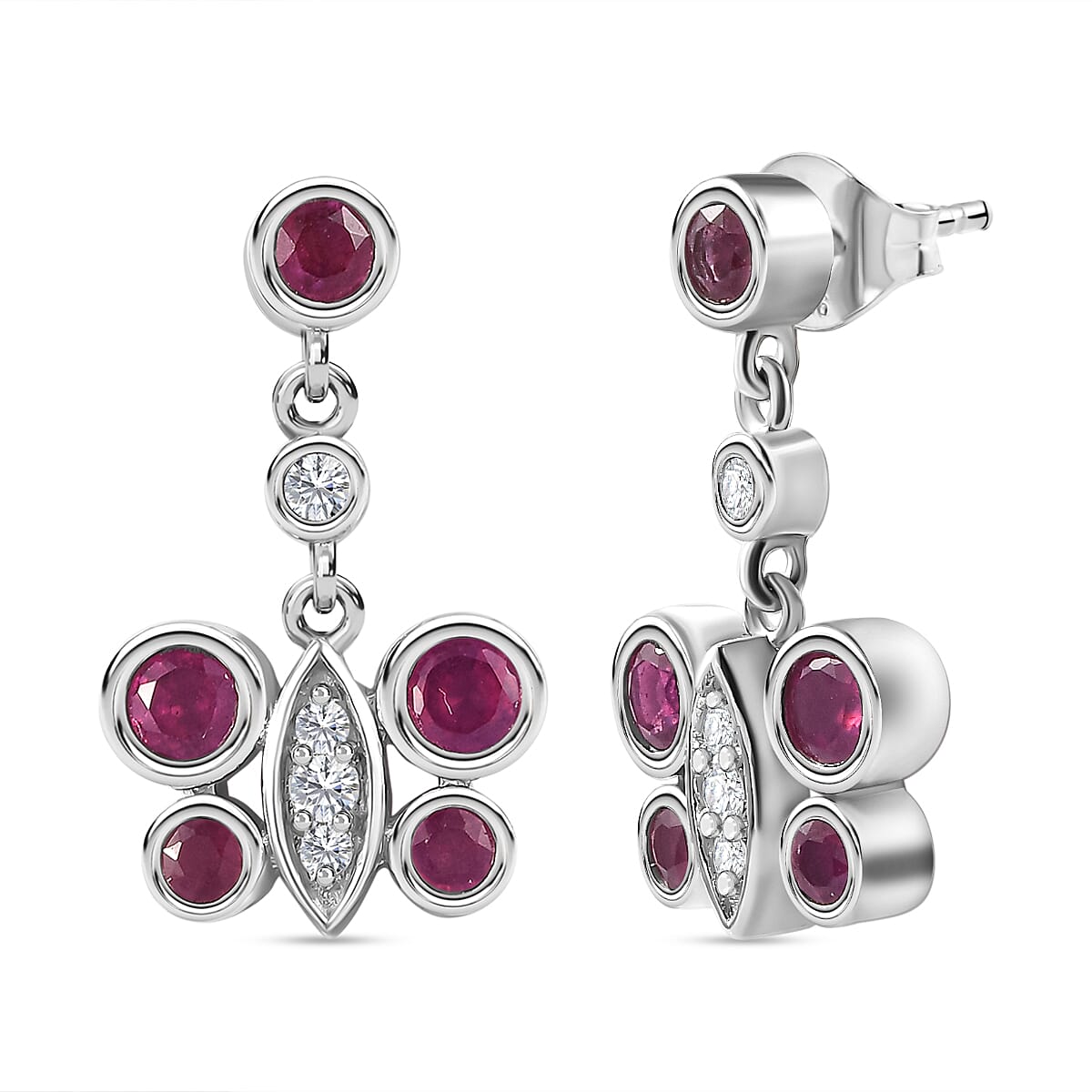 African Ruby & Natural Zircon Dangle Earrings in Platinum Overlay Sterling Silver 2.14 Ct