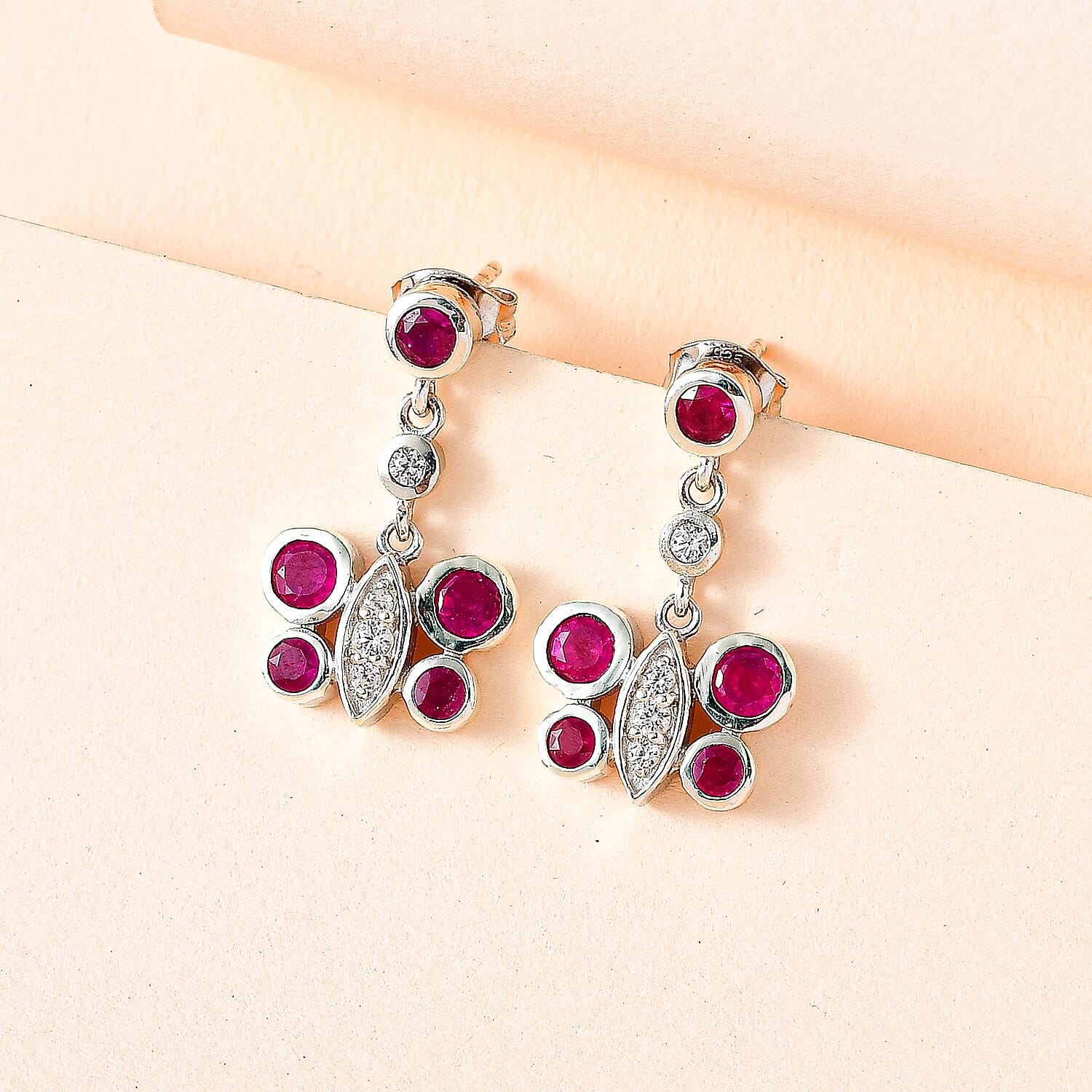 African Ruby & Natural Zircon Dangle Earrings in Platinum Overlay Sterling Silver 2.14 Ct