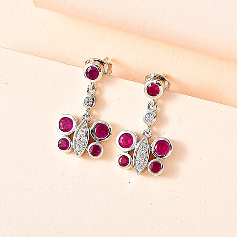 African Ruby & Natural Zircon Dangle Earrings in Platinum Overlay Sterling Silver 2.14 Ct