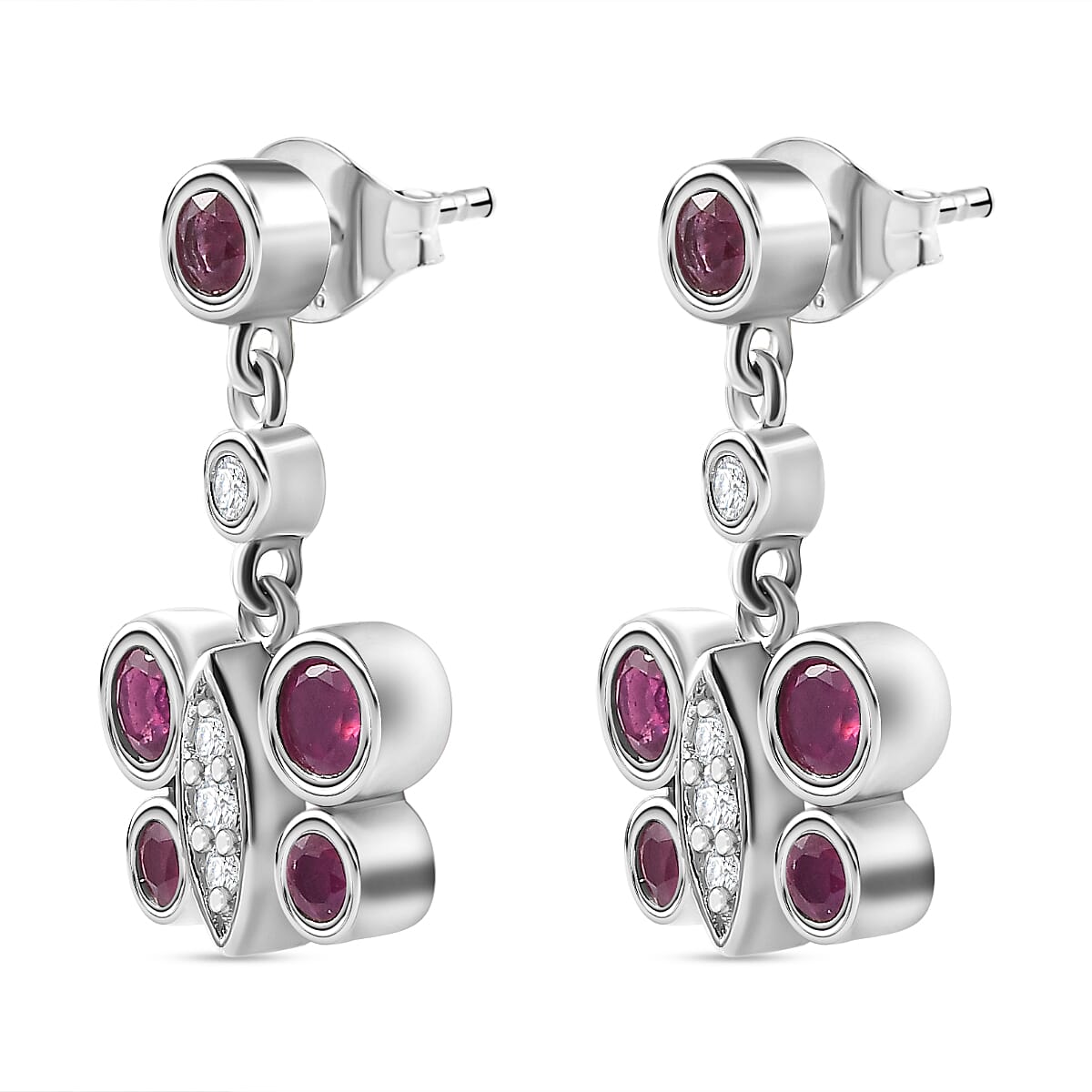 African Ruby & Natural Zircon Dangle Earrings in Platinum Overlay Sterling Silver 2.14 Ct