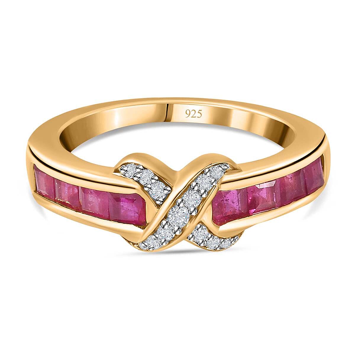 African Ruby & Natural Zircon Ring in 18K Yellow Gold Vermeil Plated Sterling Silver 1.40 Ct.