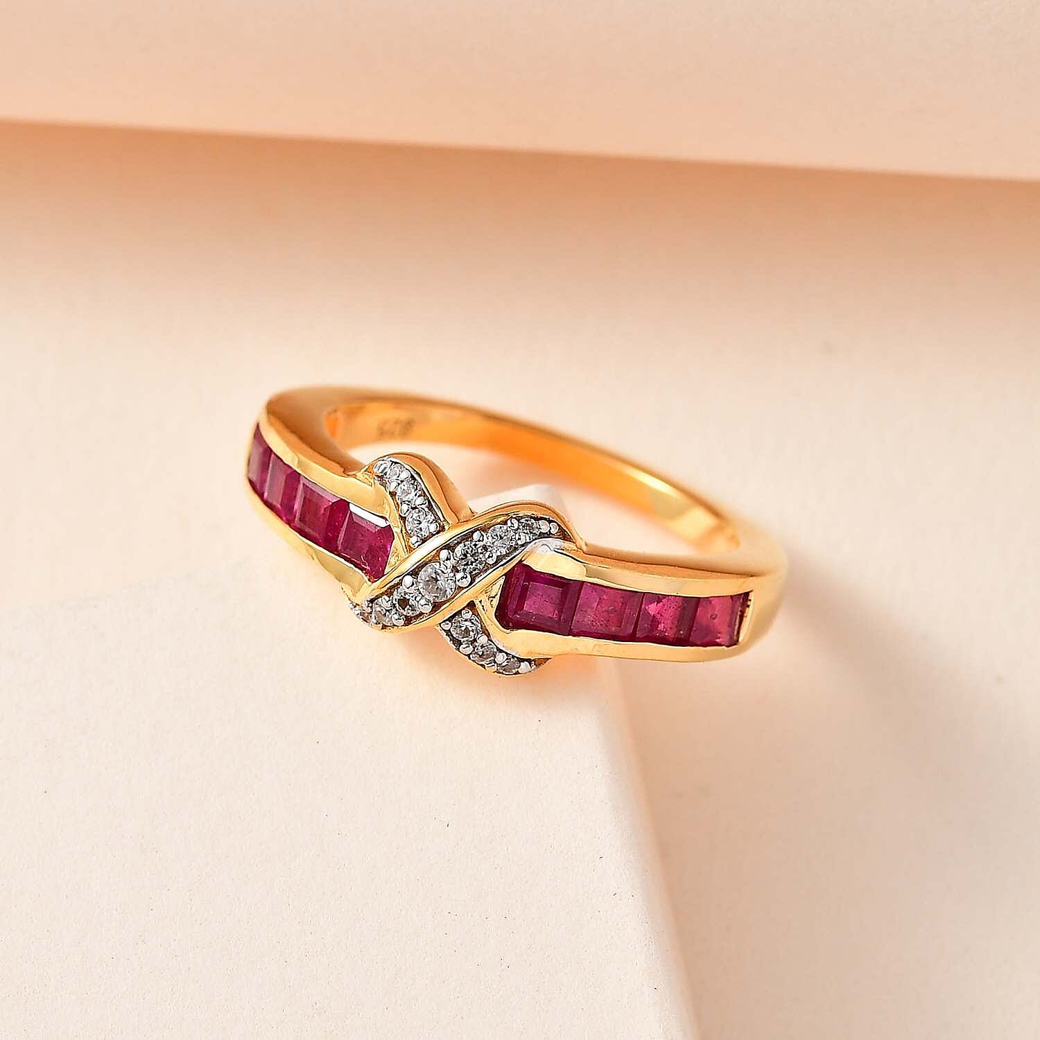 African Ruby & Natural Zircon Ring in 18K Yellow Gold Vermeil Plated Sterling Silver 1.40 Ct.