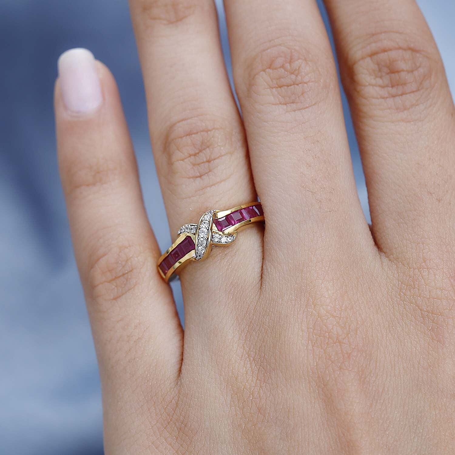African Ruby & Natural Zircon Ring in 18K Yellow Gold Vermeil Plated Sterling Silver 1.40 Ct.