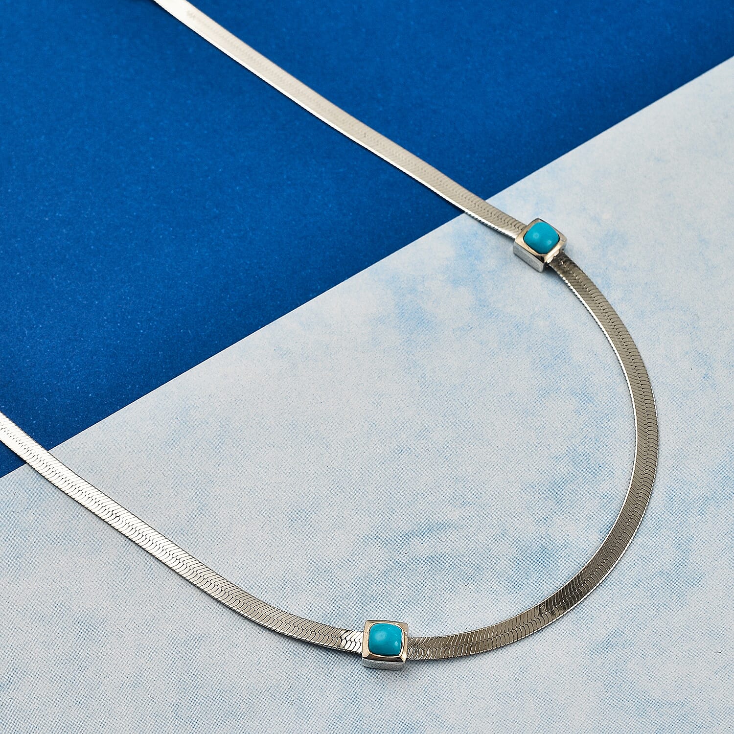 Designer Inspired - Sleeping Beauty Turquoise Herringbone Necklace (Size - 20) in Platinum Overlay Sterling Silver