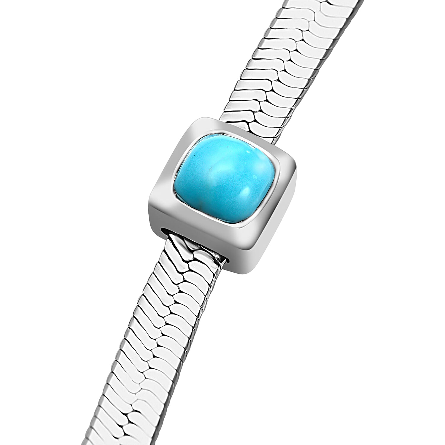 Designer Inspired - Sleeping Beauty Turquoise Herringbone Necklace (Size - 20) in Platinum Overlay Sterling Silver