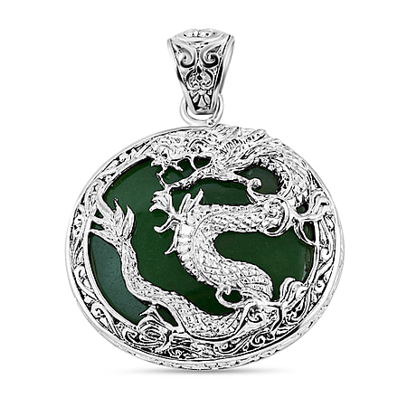 Royal Bali Collection - Green Jade Dragon Pendant in Sterling Silver 55.00 Ct