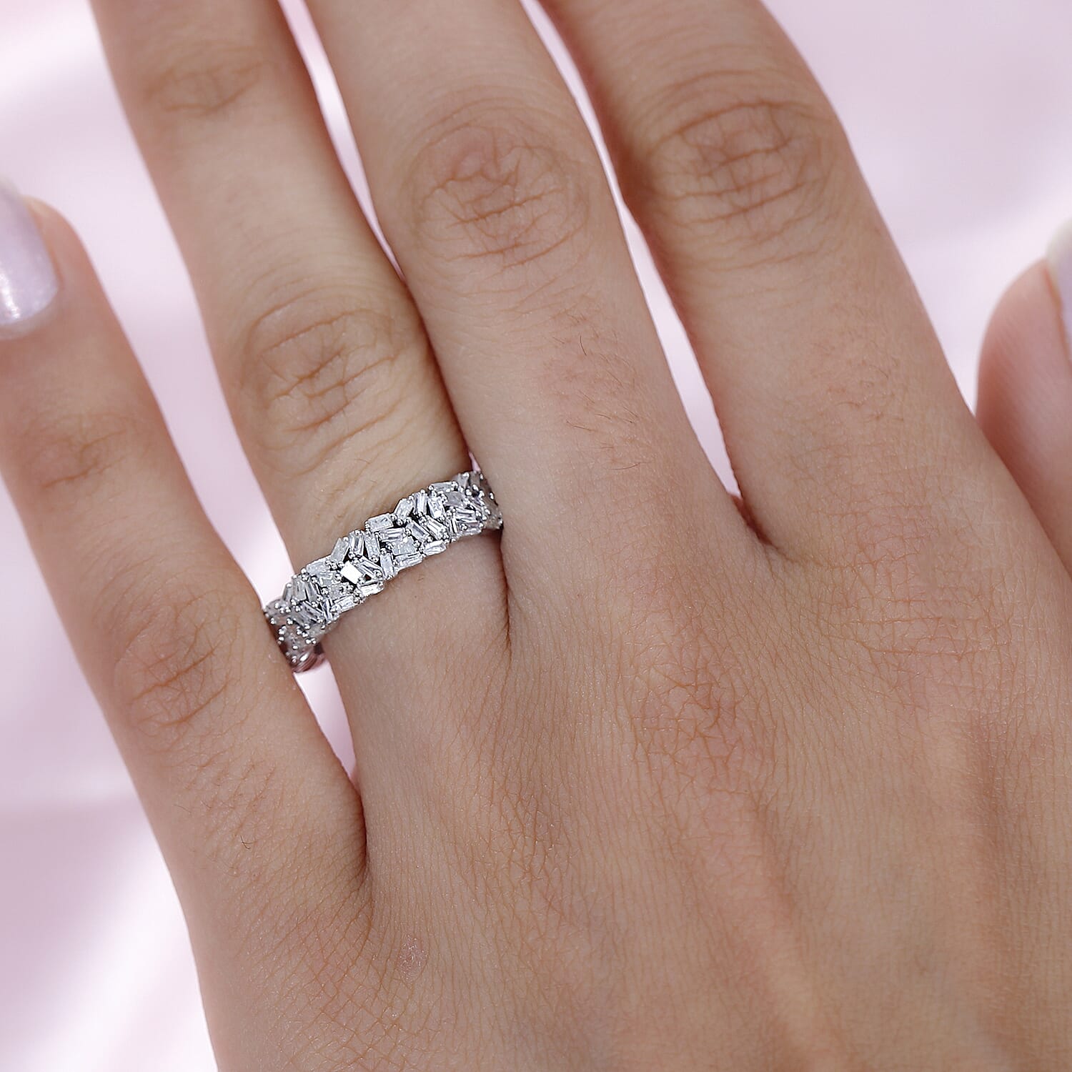 Designer Inspired - Diamond Fire Cracker Band Ring in Platinum Overlay Sterling Silver 1.05 Ct