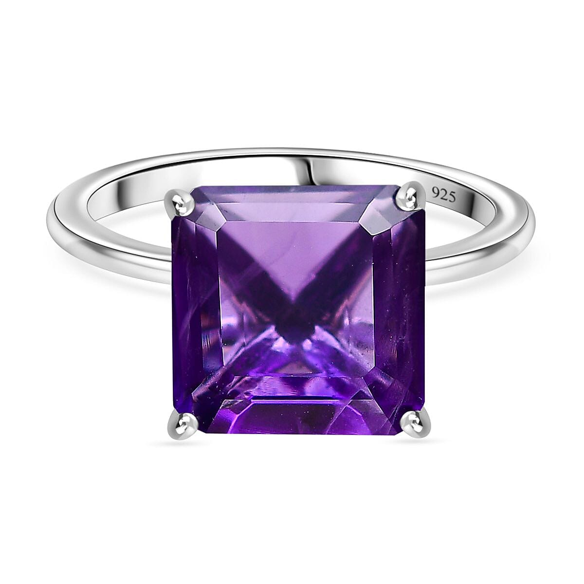 AAA Amethyst (Asscher Cut) Solitaire Ring in Platinum Overlay Sterling Silver 4.83 Ct.