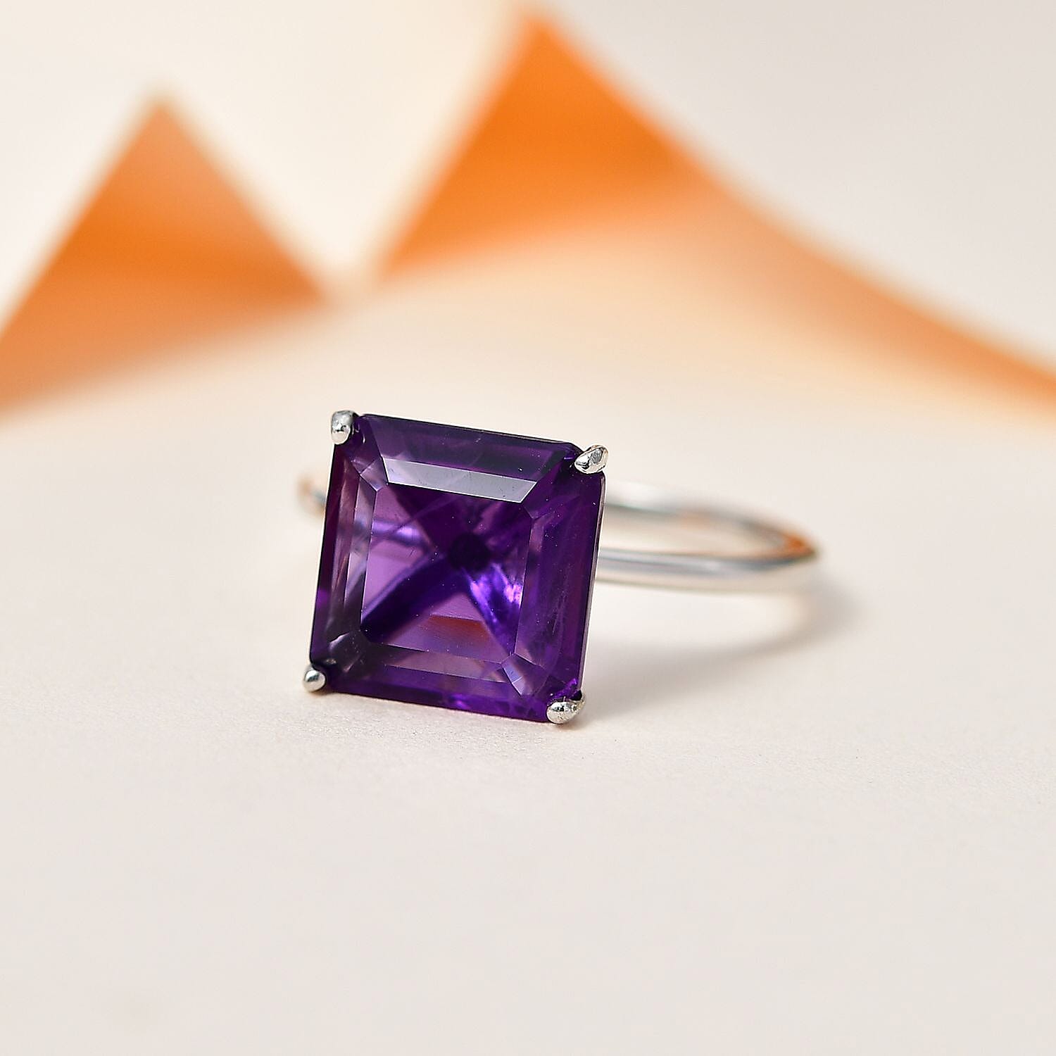 AAA Amethyst (Asscher Cut) Solitaire Ring in Platinum Overlay Sterling Silver 4.83 Ct.