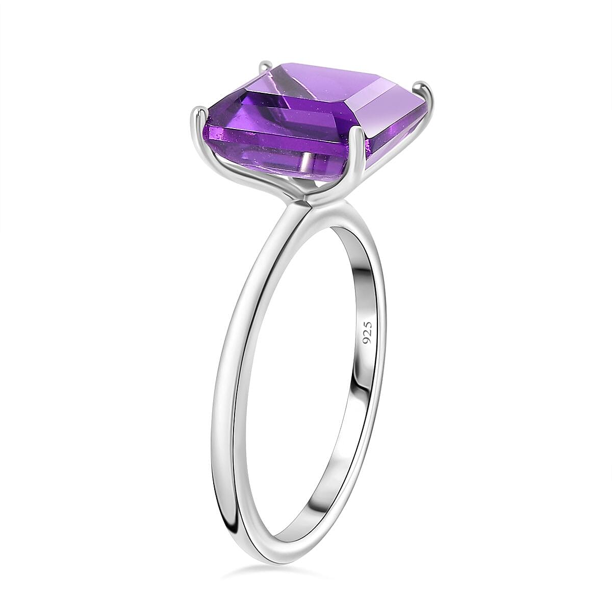 AAA Amethyst (Asscher Cut) Solitaire Ring in Platinum Overlay Sterling Silver 4.83 Ct.