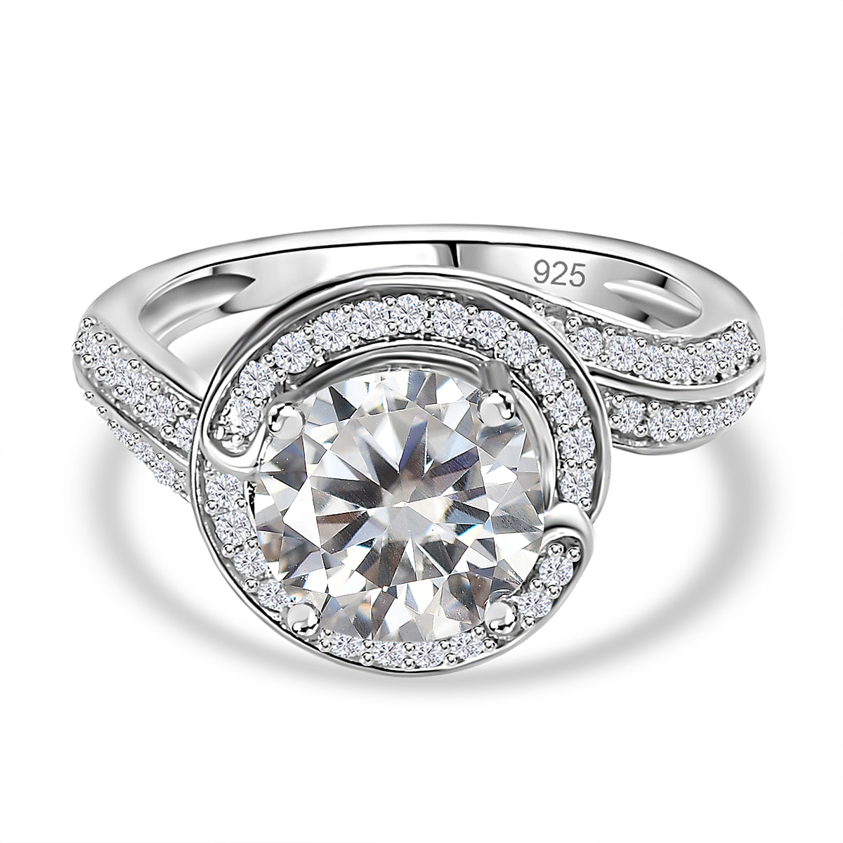 Designer Inspired- Moissanite (Round 2.00 Cts)  Ring in Platinum Overlay Sterling Silver 2.78 Ct.