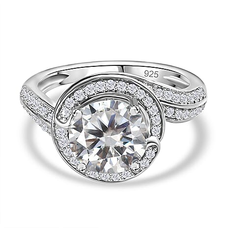 Designer Inspired- Moissanite (Round 2.00 Cts)  Ring in Platinum Overlay Sterling Silver 2.78 Ct.