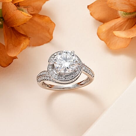 Designer Inspired- Moissanite (Round 2.00 Cts)  Ring in Platinum Overlay Sterling Silver 2.78 Ct.