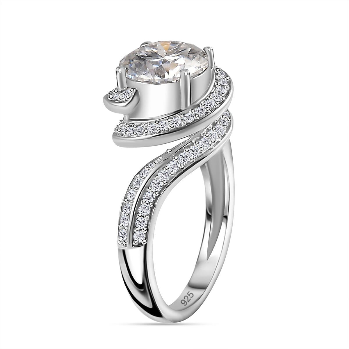 Designer Inspired- Moissanite (Round 2.00 Cts)  Ring in Platinum Overlay Sterling Silver 2.78 Ct.
