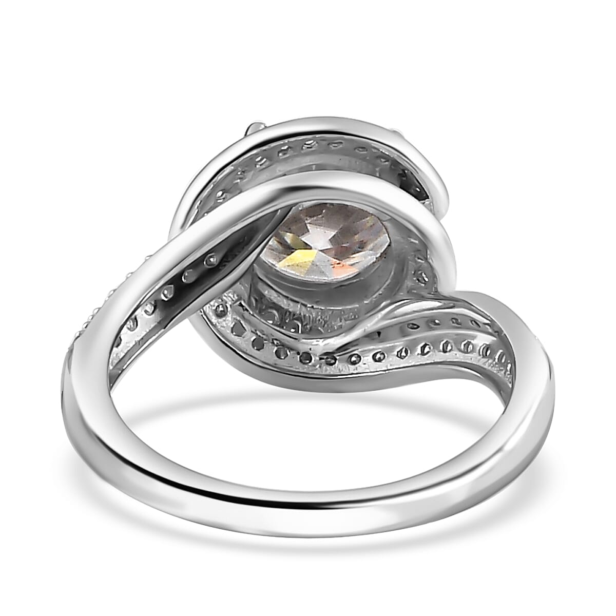 Designer Inspired- Moissanite (Round 2.00 Cts)  Ring in Platinum Overlay Sterling Silver 2.78 Ct.